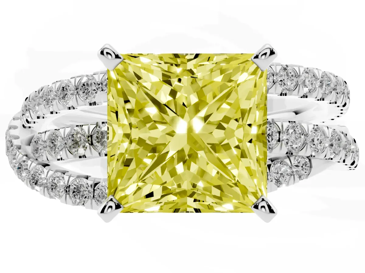 Fancy Yellow Princess Cut Solitaire Twist Band with Pavé Setting and Four-Prong Setting Silver