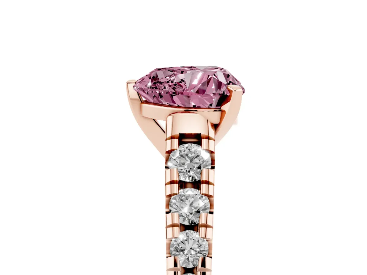 Fancy Pink Heart Cut Diamond Cathedral Solitaire Ring with Round Pavé Band Rose gold
