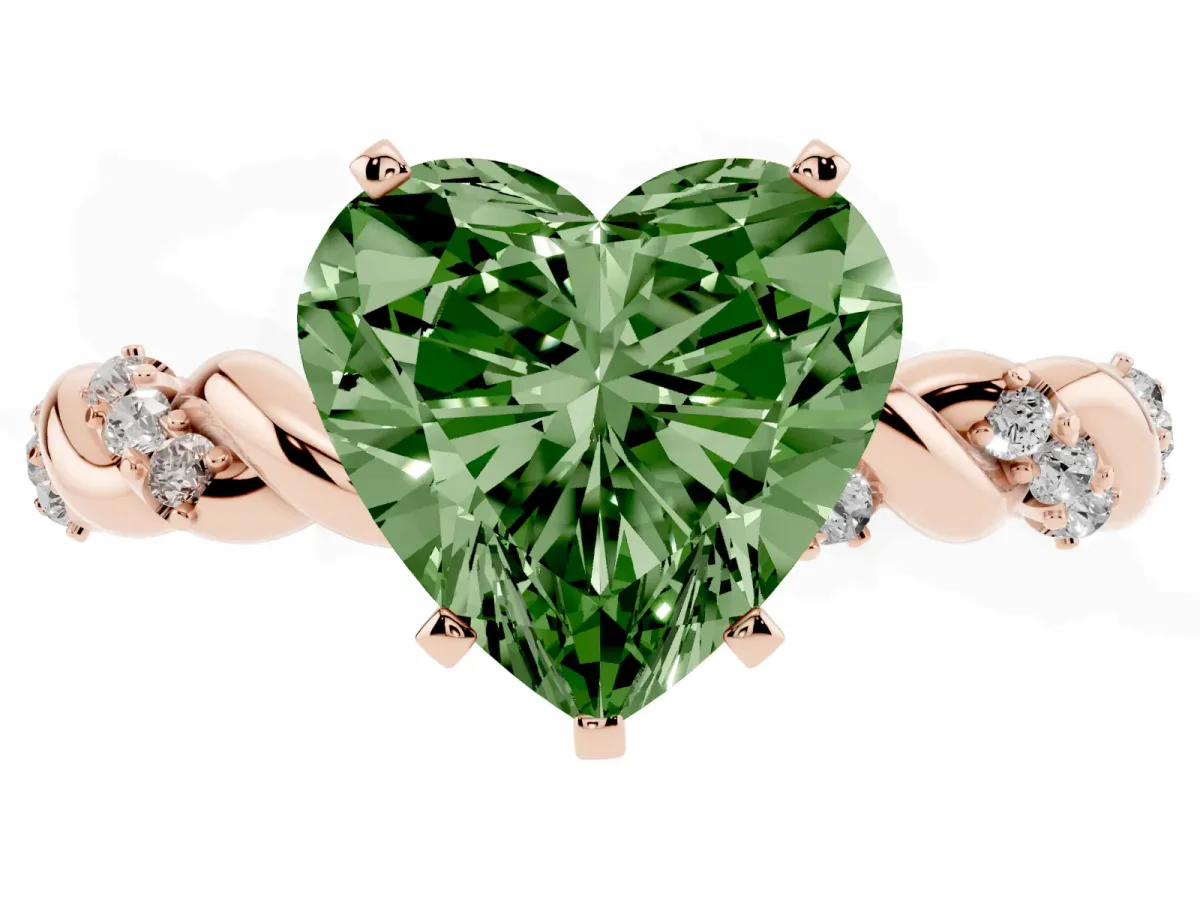 Fancy Green Heart Cut Diamond Solitaire Ring with Twisted Band and Pavé Accents Rose gold