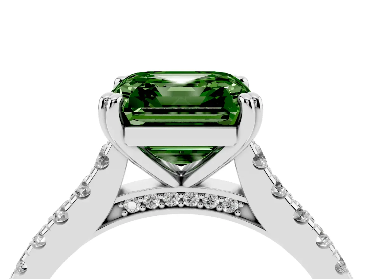 Fancy Green Asscher Cut Solitaire Pave Diamond Engagement Ring with Prong Setting Silver
