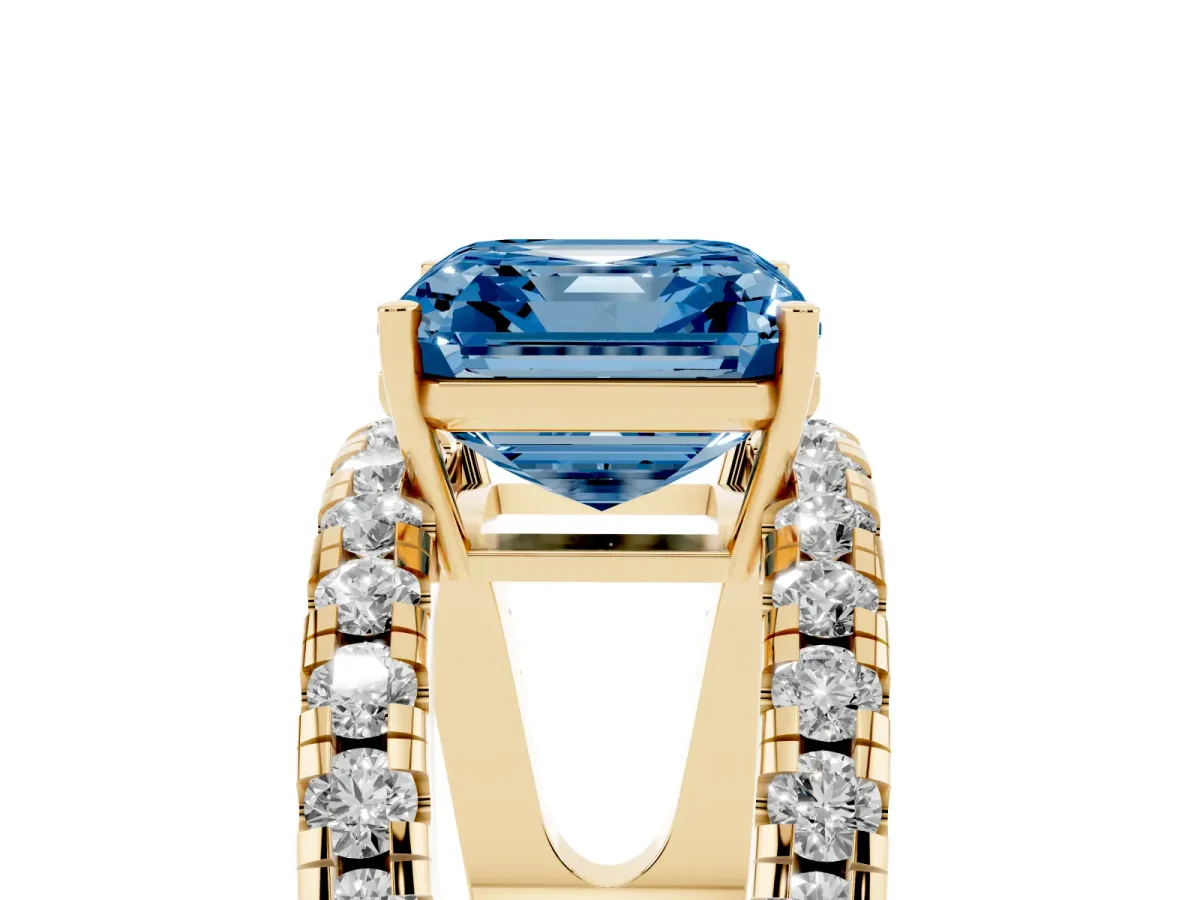 Fancy Blue Asscher Cut Solitaire Split Shank Pave Diamond Ring Yellow gold
