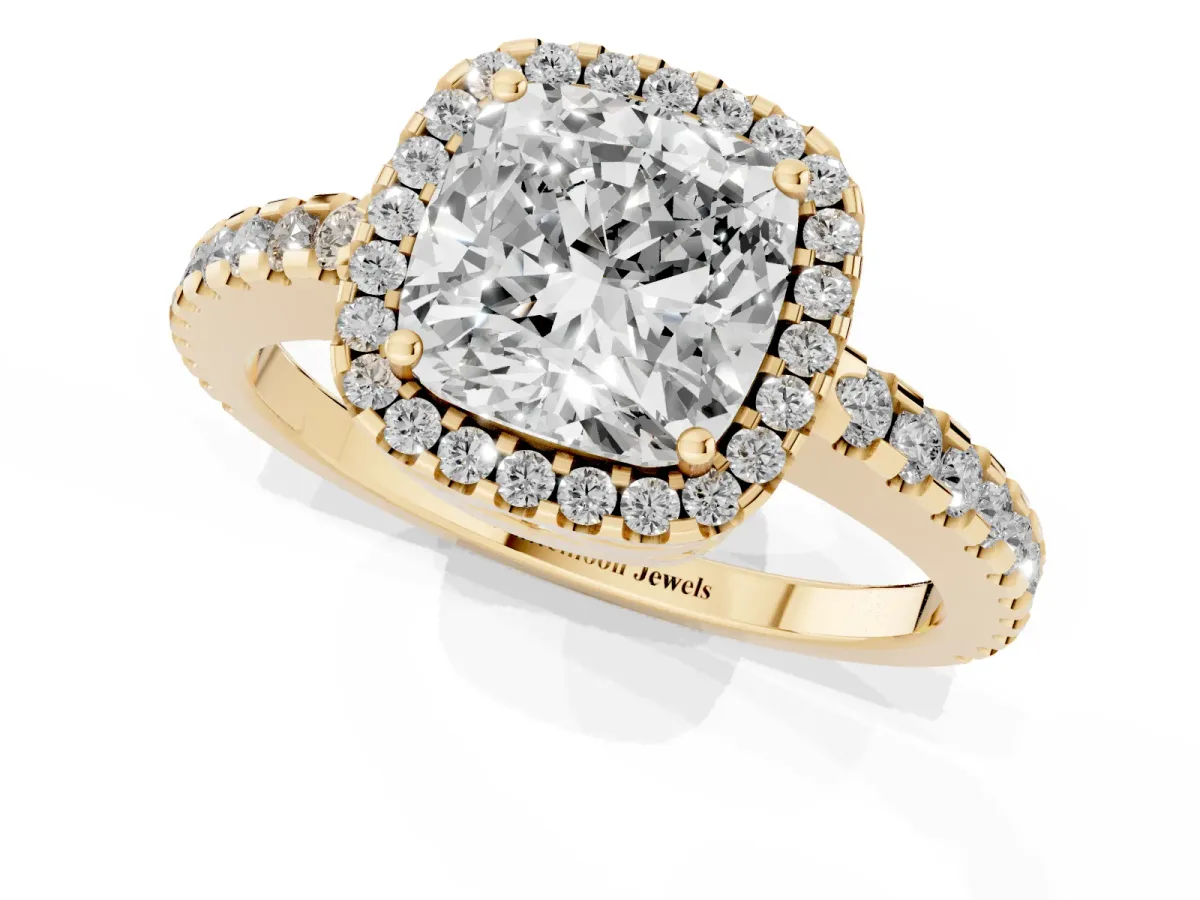 Cushion Cut Diamond Halo Engagement Ring with Pavé Band and Prong Setting Yellow gold