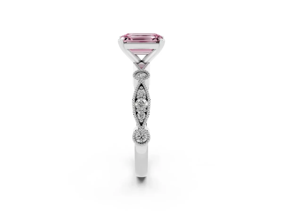Fancy Pink Emerald Cut Milgrain Bezel Diamond Engagement Ring with Solitaire Prong Setting White gold