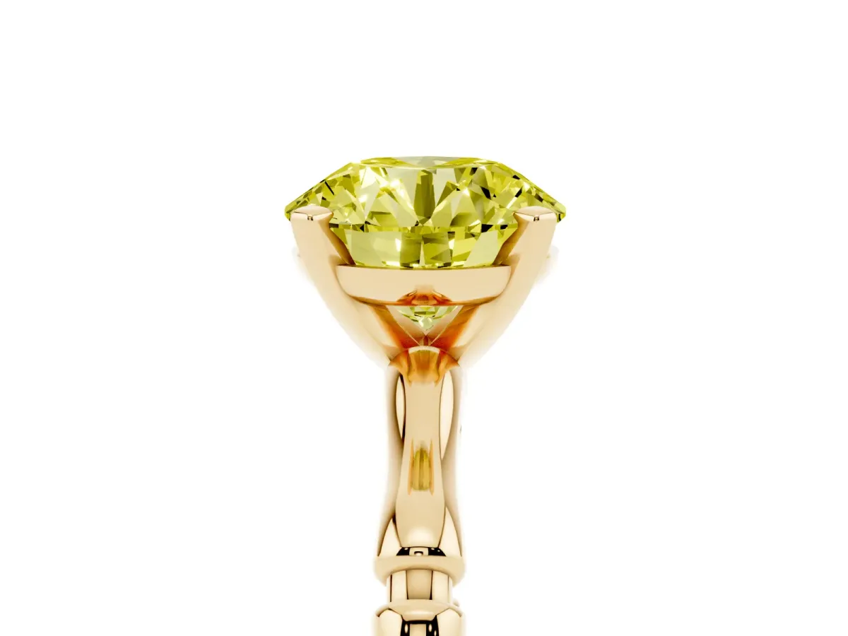 Fancy Yellow Round Cut Solitaire Diamond Ring with Bamboo Band and Four-Prong Setting Yellow gold