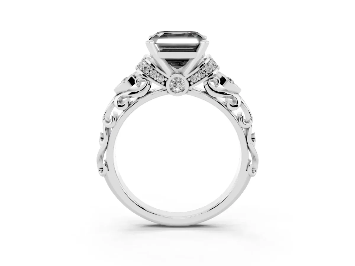 Fancy Black Asscher Cut Diamond Solitaire Ring with Filigree Band and Four-Prong Setting Silver