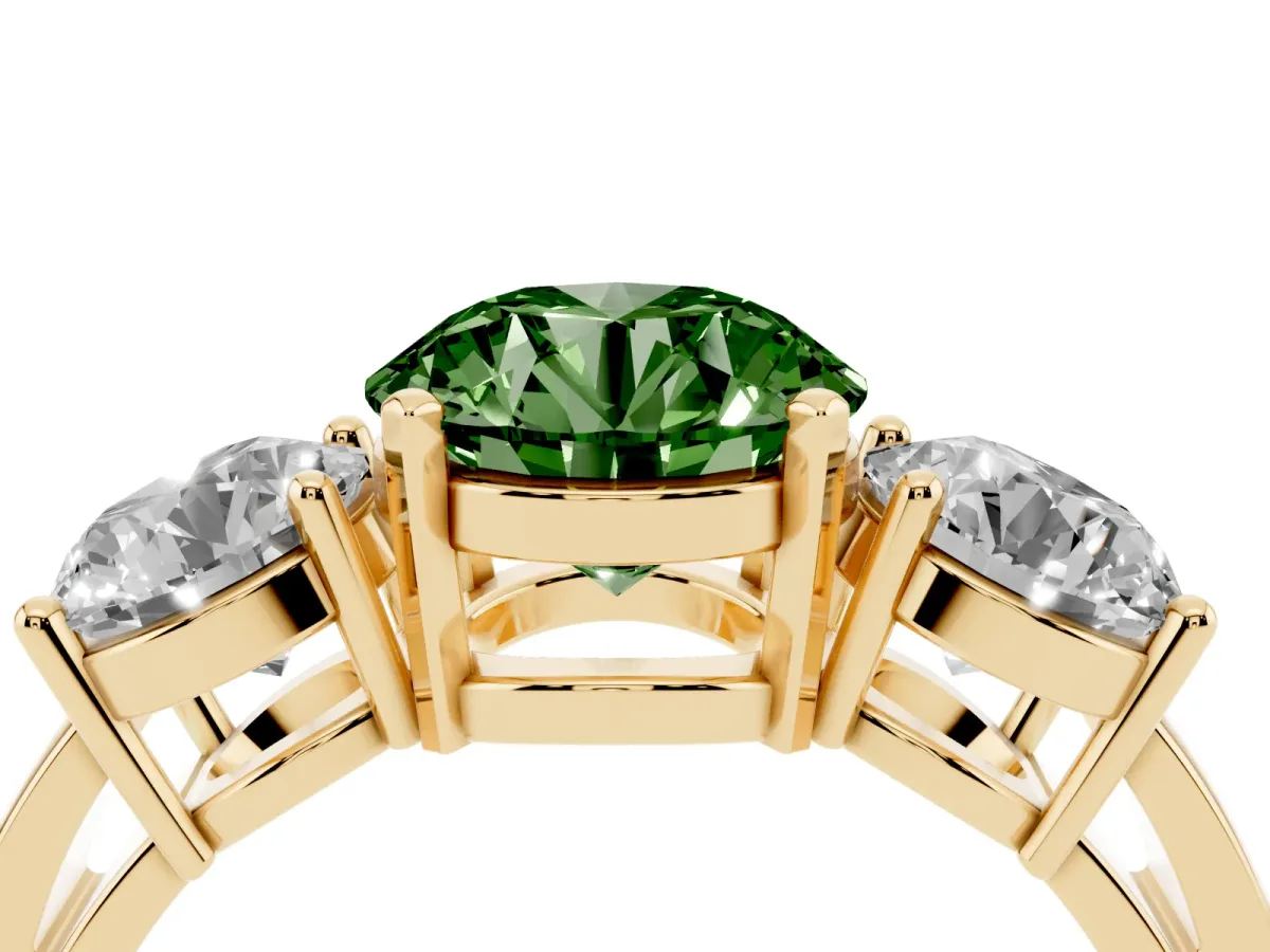 Fancy Green Three-Stone Round Cut Diamond Ring with Round Side Stones, Classic Band, and Four-Prong Setting Yellow gold