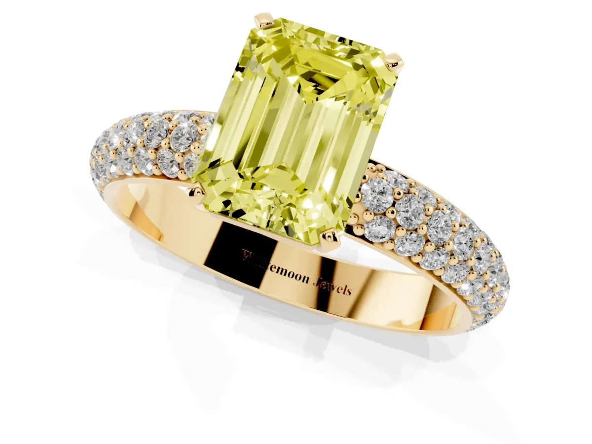 Fancy Yellow Emerald Cut Diamond Solitaire Ring with Prong Setting and Pavé Band Yellow gold