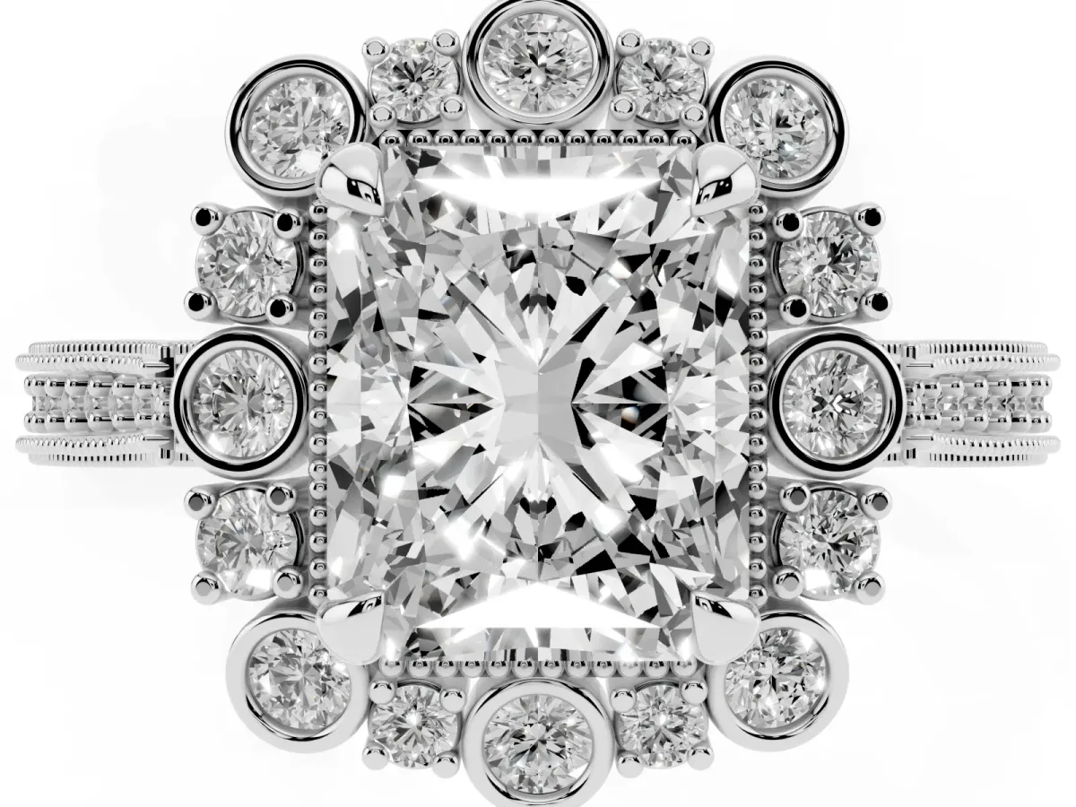 Radiant Cut Halo Milgrain Pave Diamond Ring with Four-Prong Setting Silver