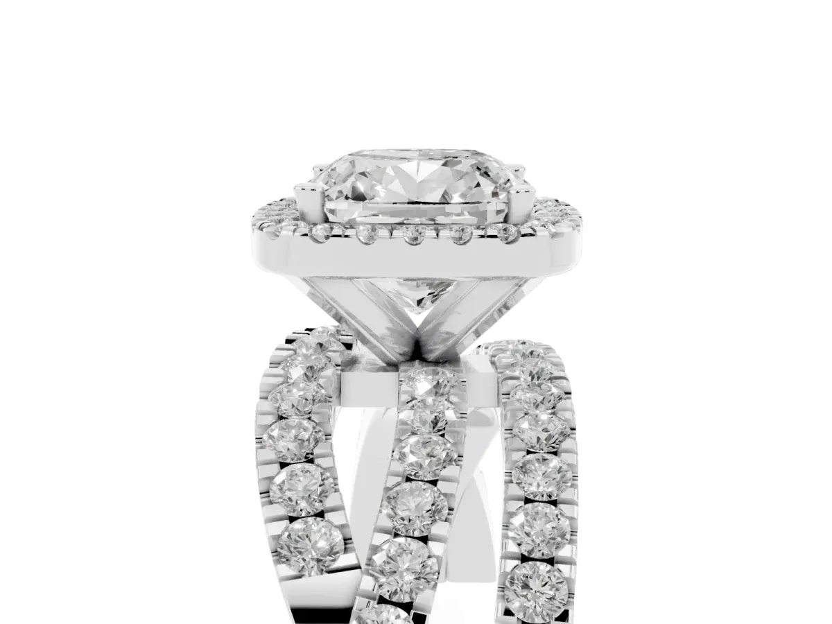 Cushion Cut Diamond Halo Ring with Round Split Shank and Prong Setting Platinum