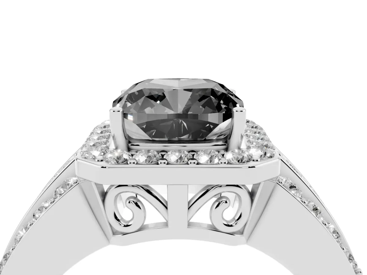 Fancy Black Cushion Cut Halo Diamond Ring with Round Split Shank and Prong Setting Platinum