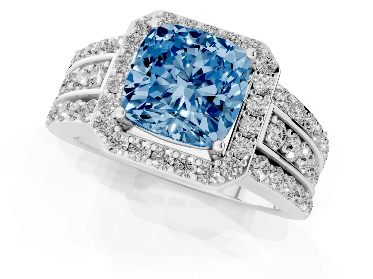 Fancy Blue Cushion Cut Halo Diamond Ring with Round Split Shank and Prong Setting Platinum