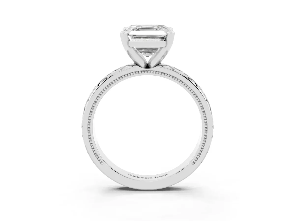 Asscher Cut Solitaire Engagement Ring with Scrollwork Band and Four-Prong Setting Silver