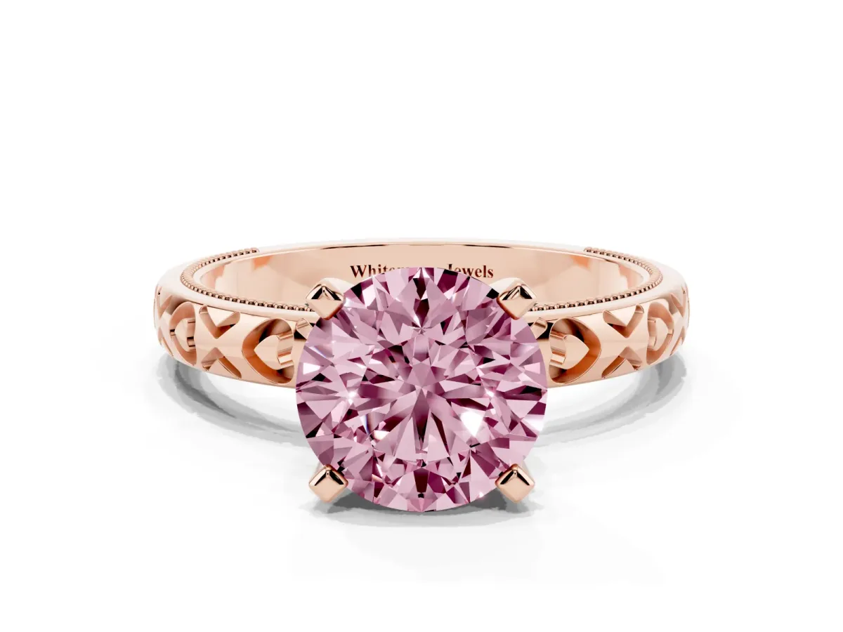 Fancy Pink Round Cut Solitaire Diamond Engagement Ring with XO Engraved Band and Four-Prong Setting Rose gold