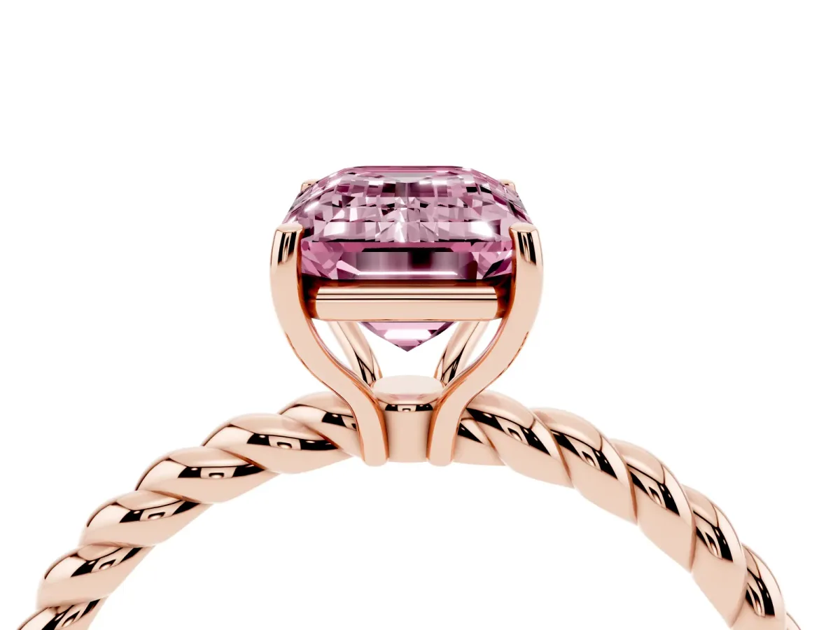 Fancy Pink Emerald Cut Solitaire Twist Band Ring with Four-Prong Setting Rose gold
