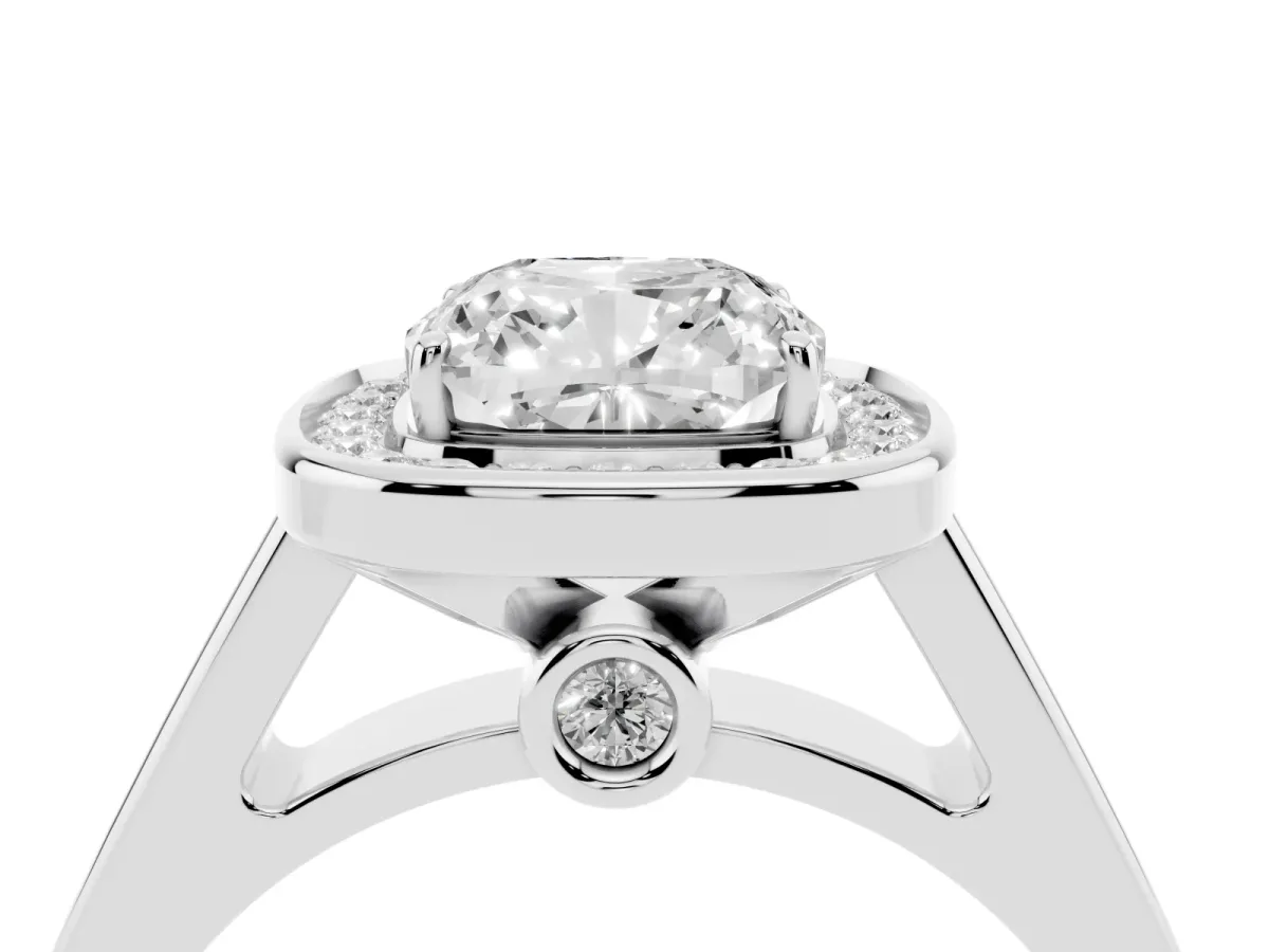 Cushion Cut Halo Solitaire Diamond Ring with Pave Band and Bezel Setting Silver