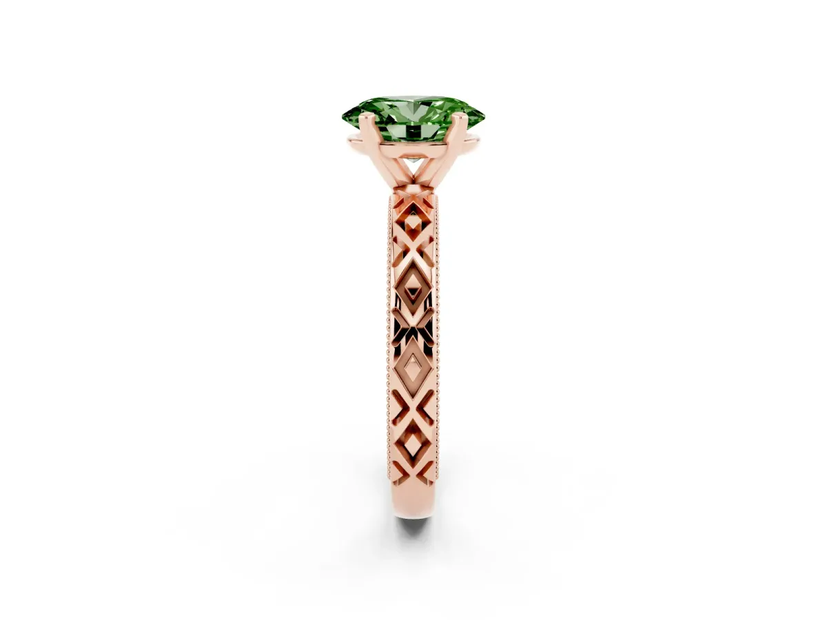 Fancy Green Oval Cut Solitaire Diamond Ring with Milgrain and Black Enamel X Pattern Band Rose gold