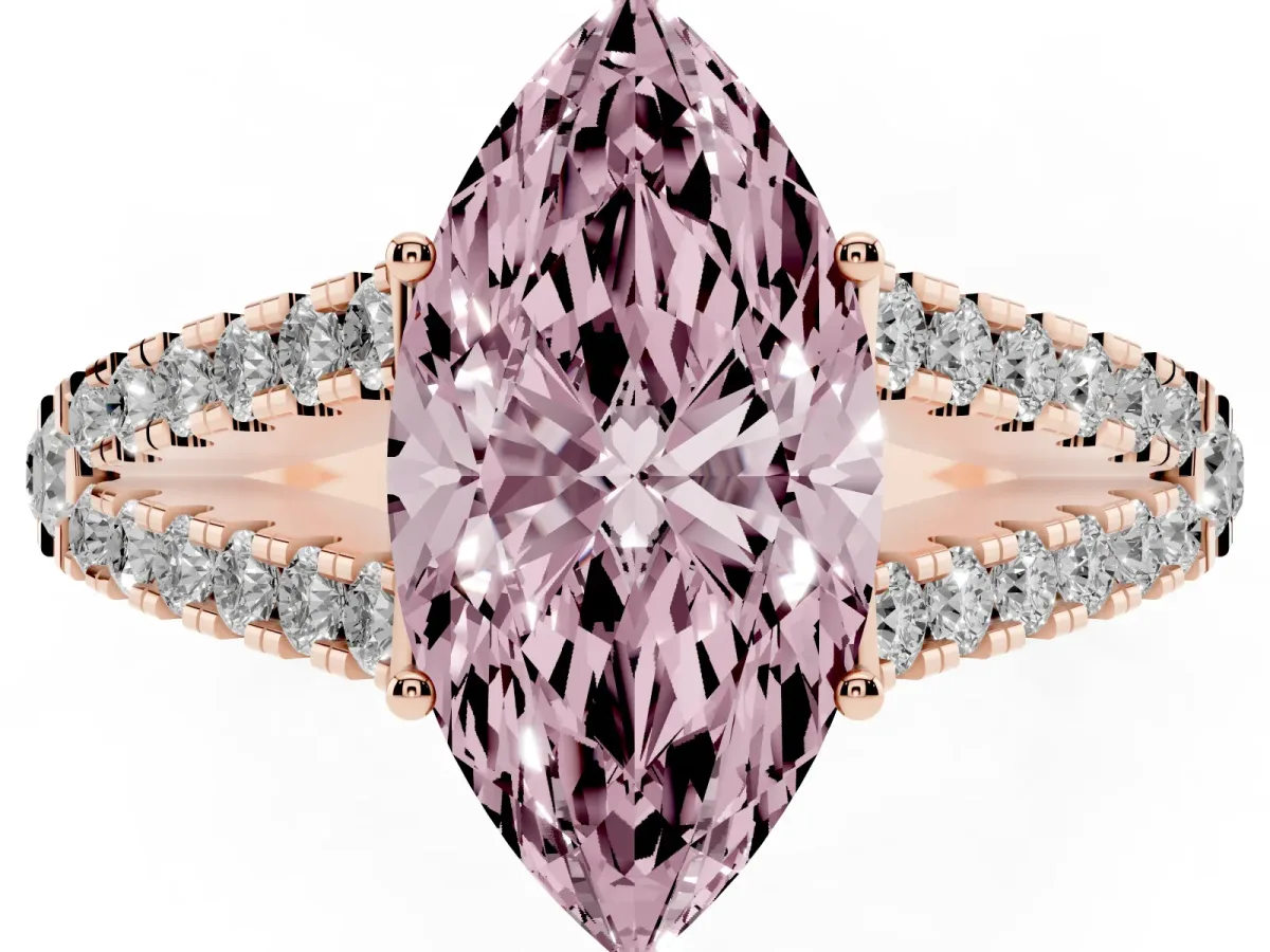 Fancy Pink Marquise Cut Diamond Split Shank Engagement Ring with Round Pavé and Prong Setting Rose gold