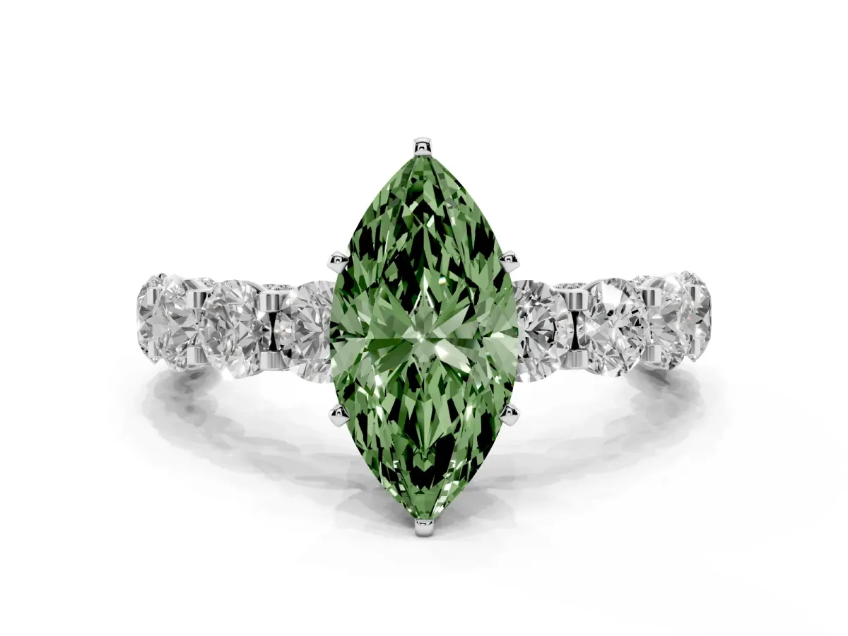 Fancy Green Marquise Cut Diamond Side Stone Engagement Ring with Four-Prong Setting White gold