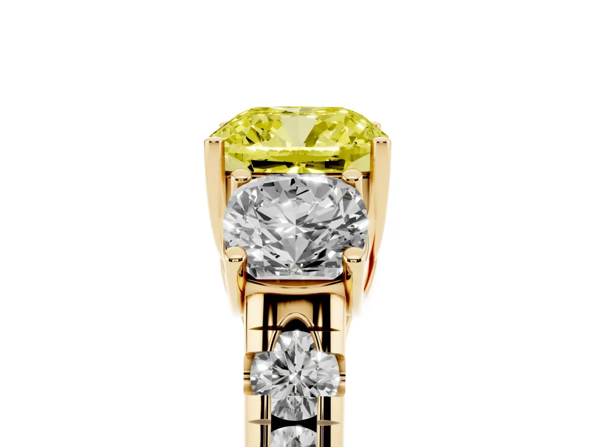 Fancy Yellow Three-Stone Cushion Cut Diamond Pavé Band with Prong Setting Yellow gold