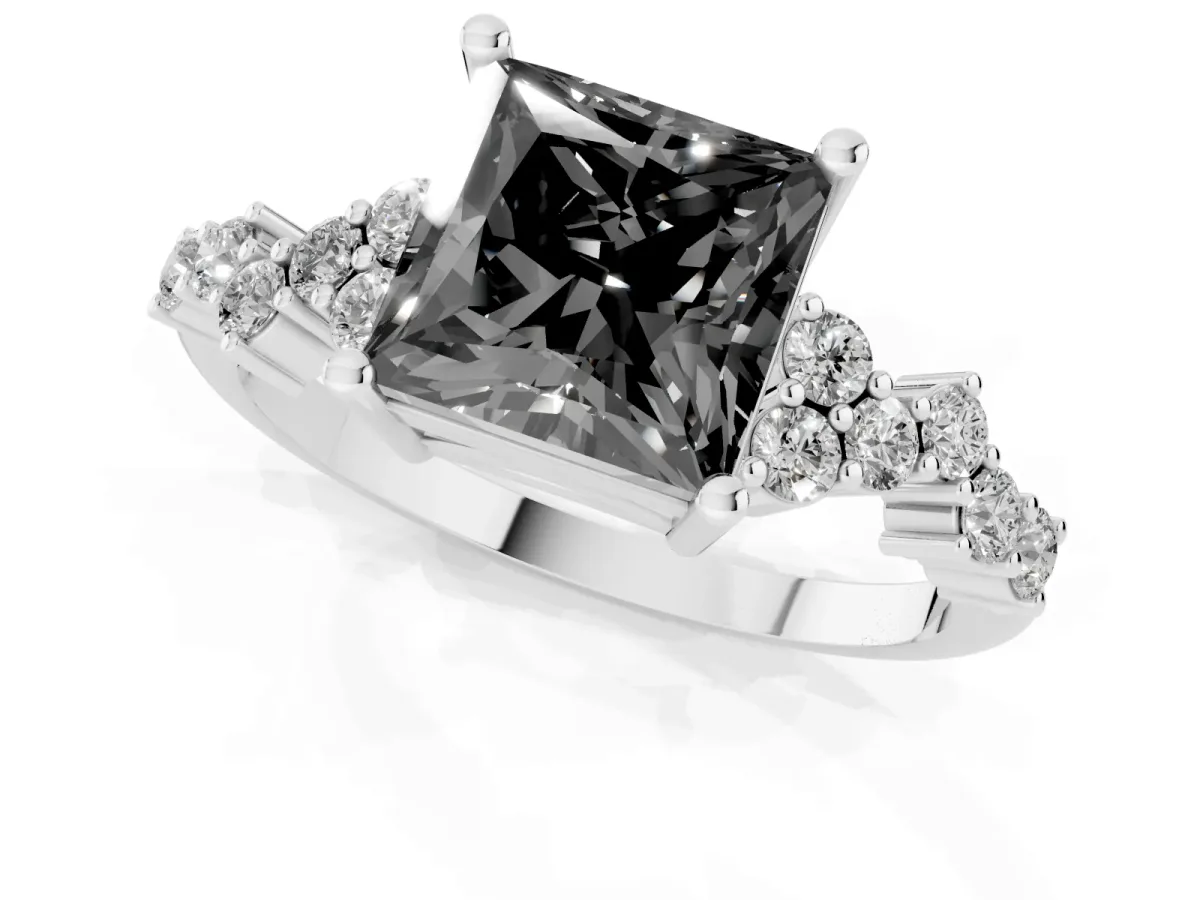 Fancy Black Princess Cut Diamond Scattered Round Accent Ring with Prong Setting Silver