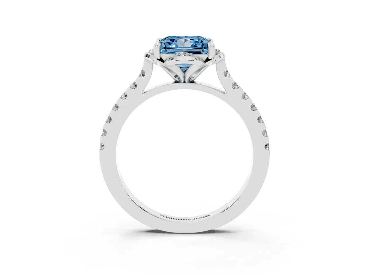 Fancy Blue Princess Cut Diamond Ring with Pavé Band and Floral Prong Setting Silver