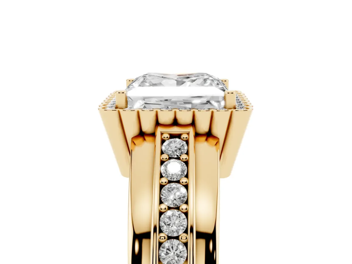 Princess Cut Cut Halo Pave Band Four-Prong Ring Yellow gold