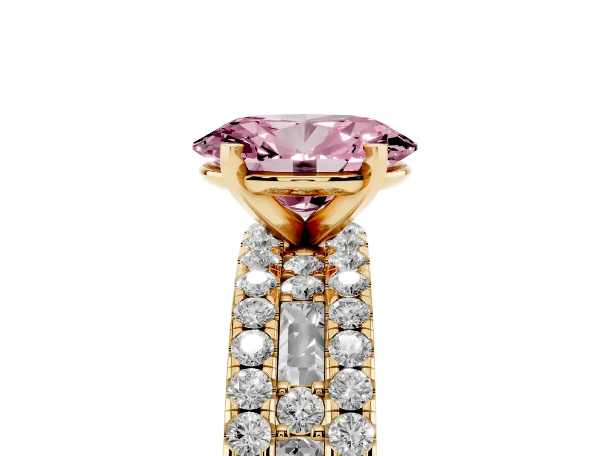 Fancy Pink Oval Cut Diamond Solitaire Ring with Pavé and Channel Set Band Yellow gold