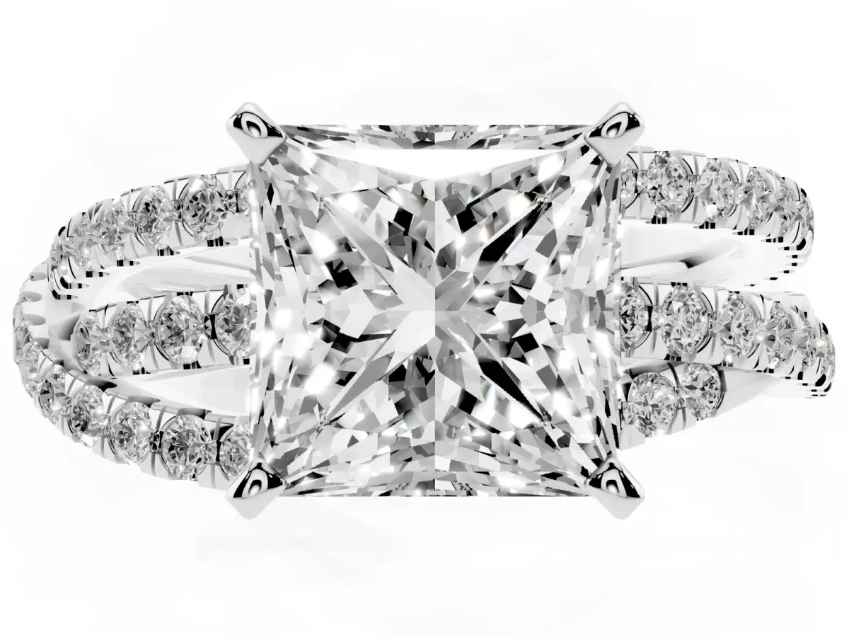 Princess Cut Solitaire Twist Band with Pavé Setting and Four-Prong Setting Silver