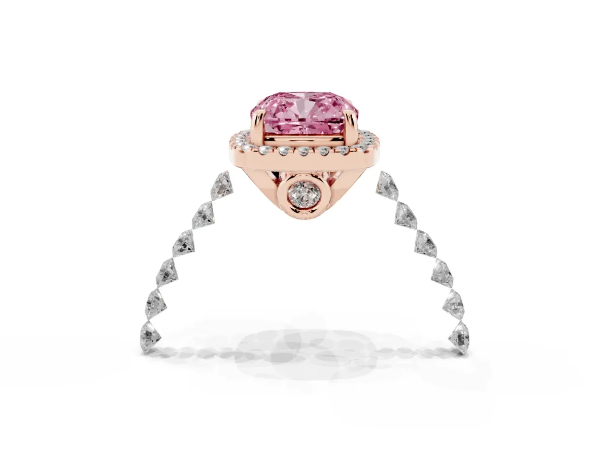 Fancy Pink Cushion Cut Halo Pavé Diamond Engagement Ring with Four-Prong Setting Rose gold