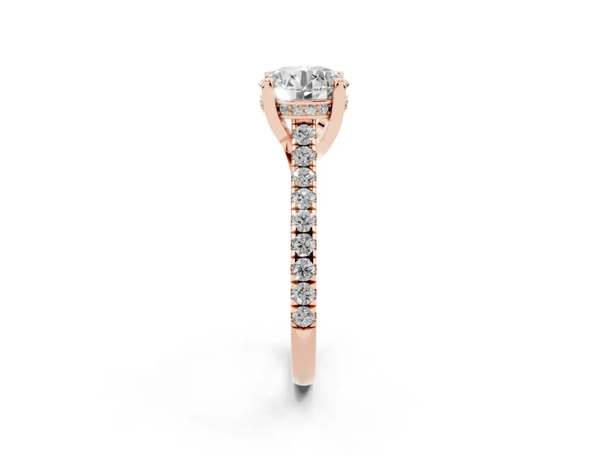 Round Cut Brilliant Diamond Solitaire with Pavé Band and Four-Prong Setting Rose gold
