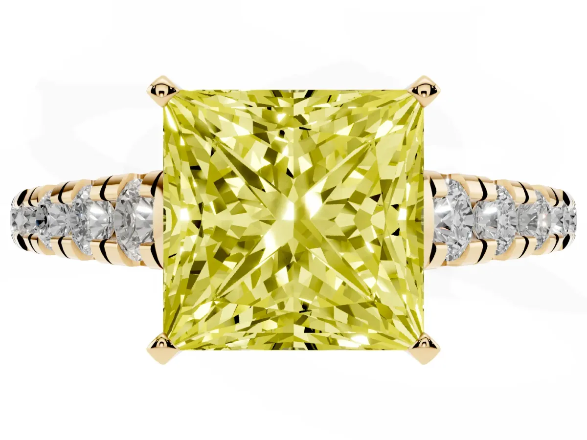 Fancy Yellow Princess Cut Diamond Cathedral Solitaire Ring with Round Pavé Band Yellow gold