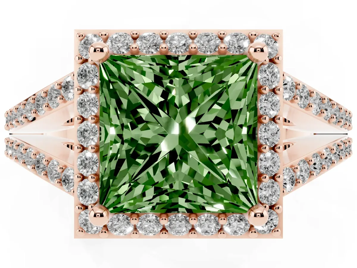 Fancy Green Princess Cut Halo Split Shank Pave Diamond Ring with Four-Prong Setting Rose gold
