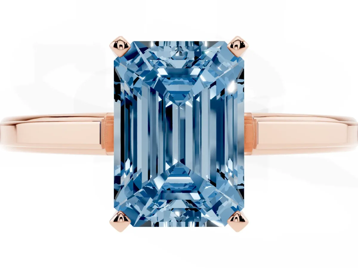 Fancy Blue Emerald Cut Solitaire Diamond Ring with Four-Prong Setting and Classic Band Rose gold