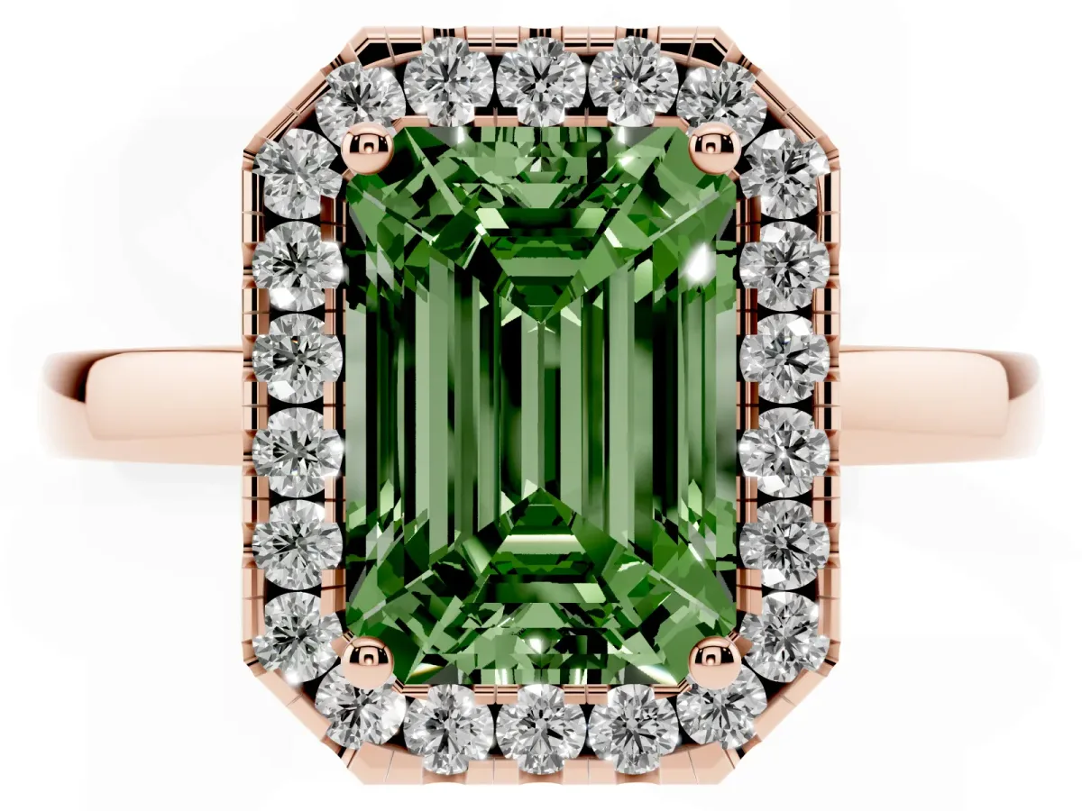 Fancy Green Emerald Cut Halo Diamond Solitaire with Pavé Band and Four-Prong Setting Rose gold