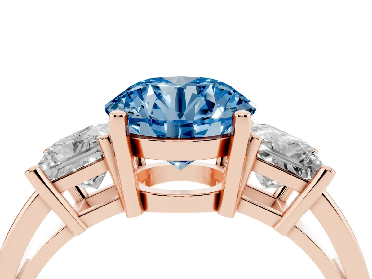 Fancy Blue Three-Stone Round Cut Cut Solitaire Ring with Prong Setting Rose gold