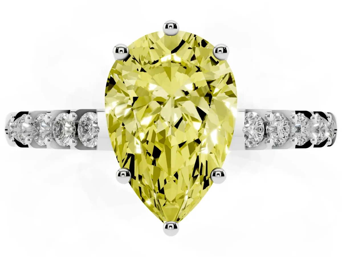 Fancy Yellow Pear Cut Solitaire Diamond Engagement Ring with Pavé Band and Six-Prong Setting White gold