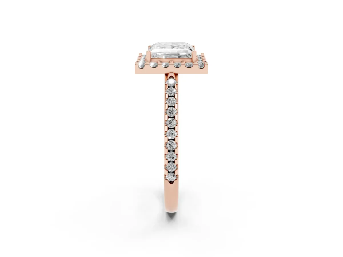 Princess Cut Diamond Pavé Halo Ring with Four-Prong Setting Rose gold