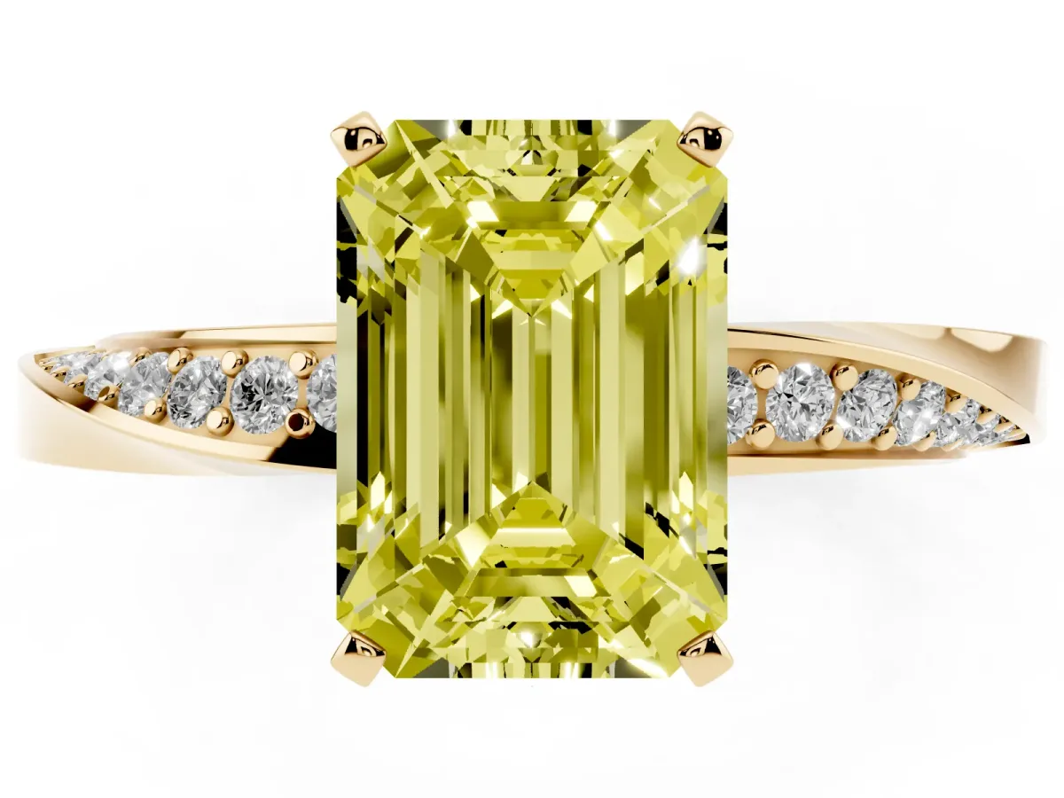 Fancy Yellow Emerald Cut Diamond Engagement Ring with Side Stone Accents and Four-Prong Setting Yellow gold