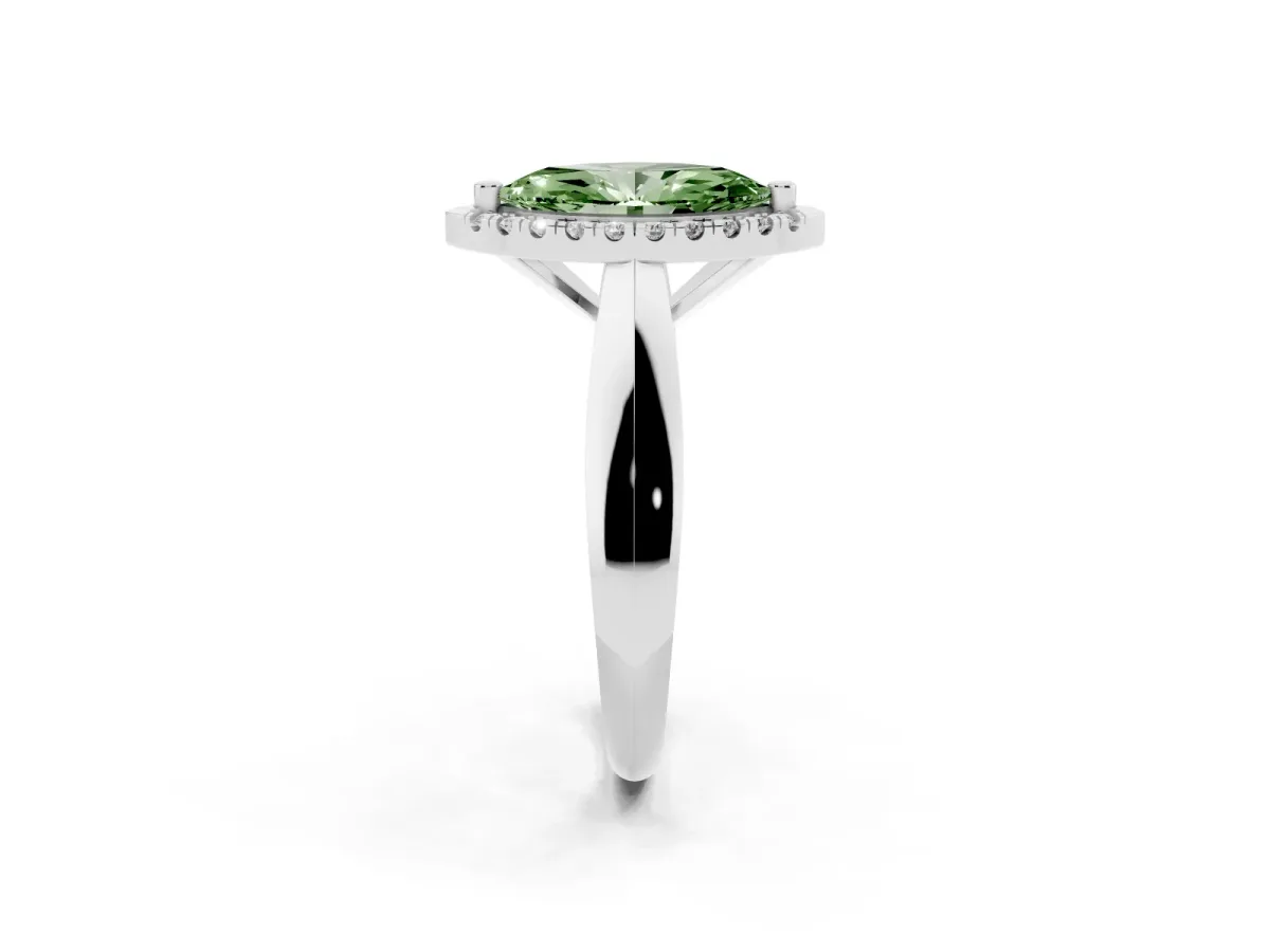 Fancy Green Marquise Cut Cut Halo Solitaire Engagement Ring with Square Band and Four-Prong Setting White gold