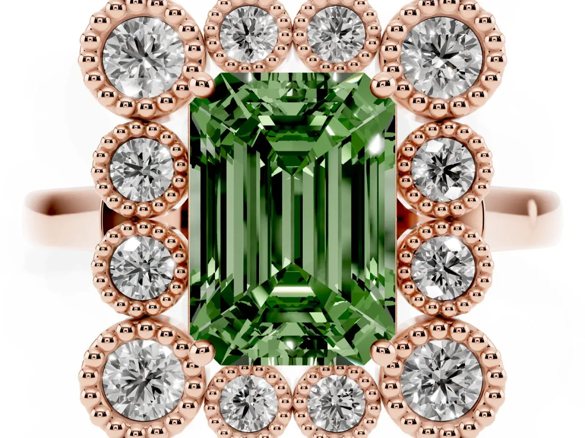 Fancy Green Emerald Cut Halo Diamond Cluster Engagement Ring with Milgrain Bezel Setting and Solitaire Band Rose gold