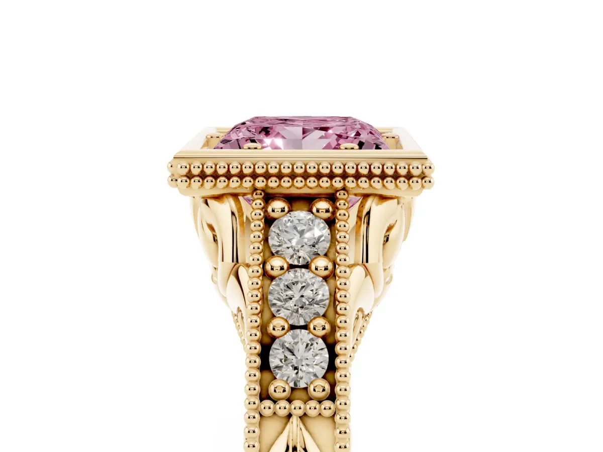 Fancy Pink Bezel Set Princess Cut Diamond Milgrain Pave Engagement Ring Yellow gold