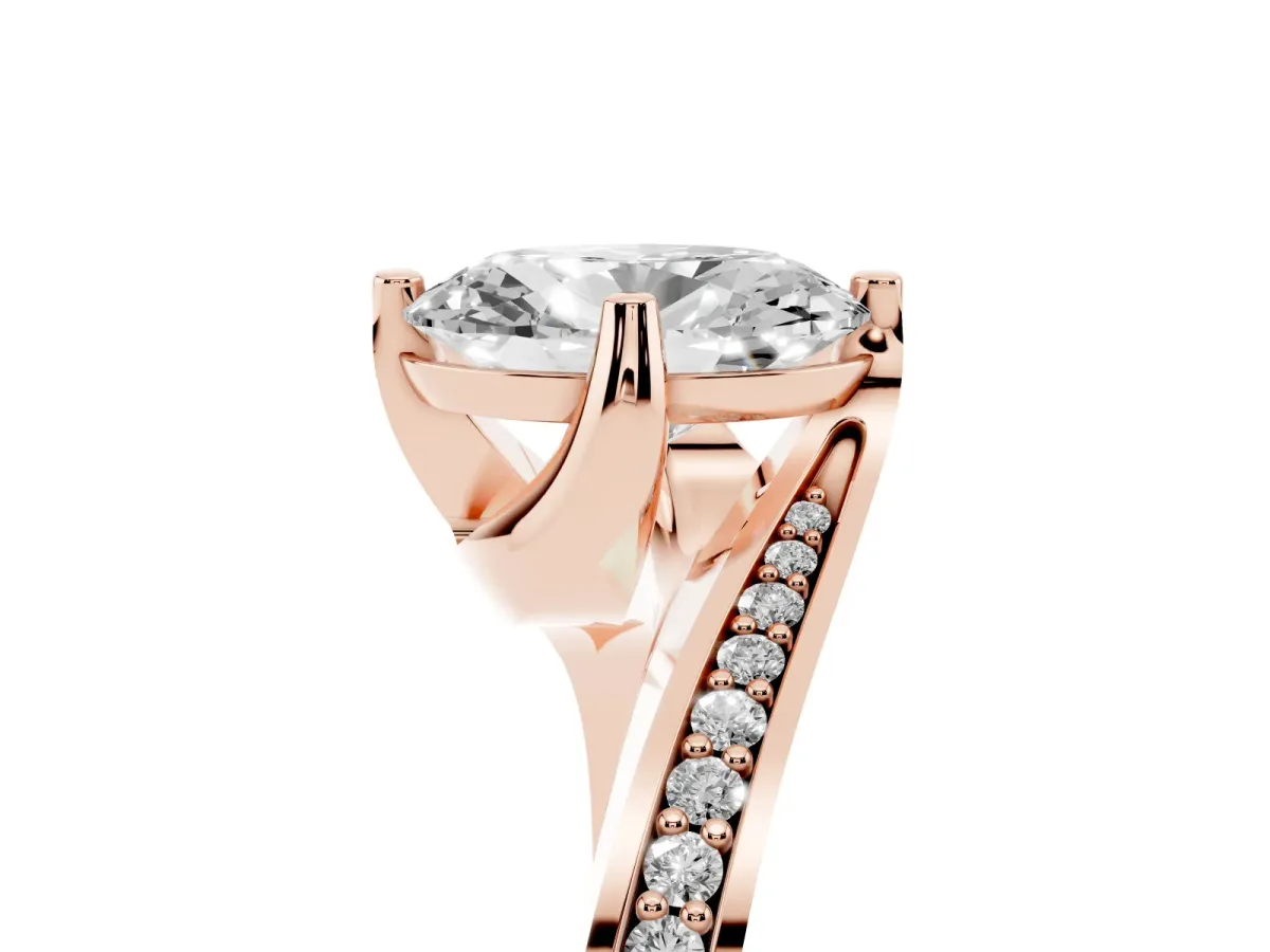 Oval Cut Solitaire Diamond Twist Band with Pavé Setting and Four-Prong Setting Rose gold