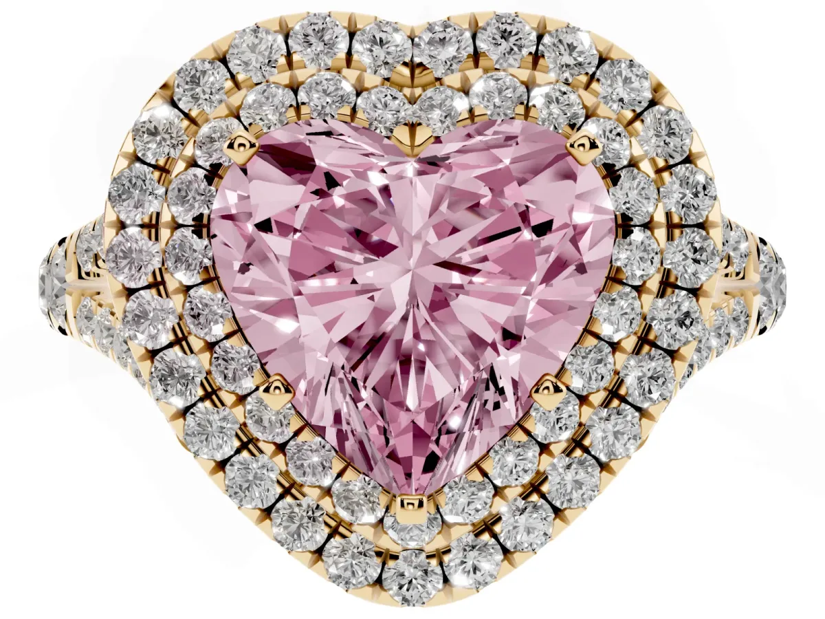 Fancy Pink Heart Cut Cut Double Halo Split Shank Diamond Ring with Prong Setting Yellow gold