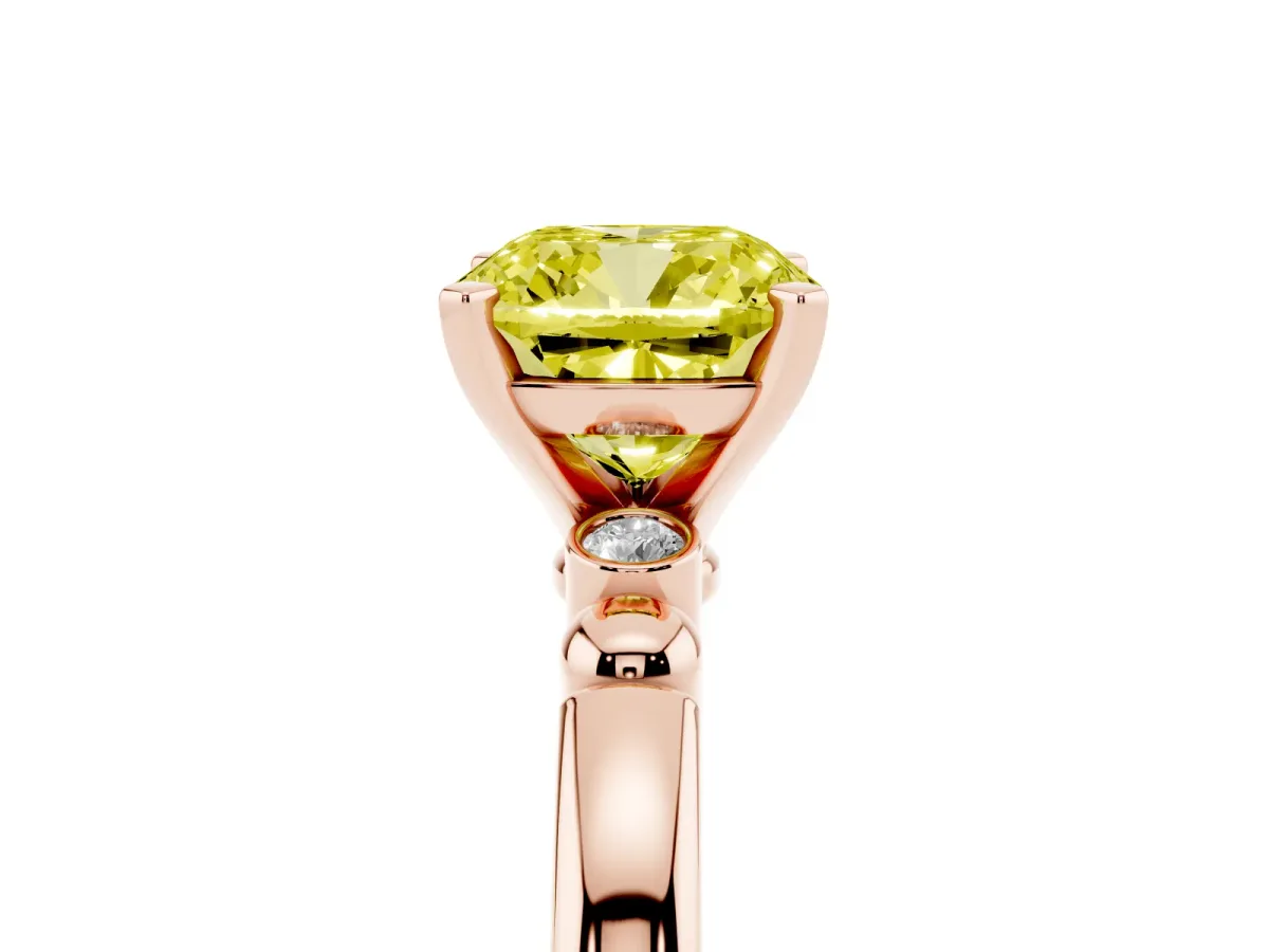 Fancy Yellow Cushion Cut Solitaire Beaded Band with Four-Prong Setting Rose gold