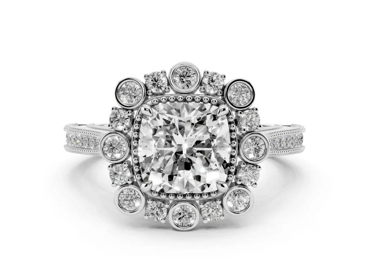 Cushion Cut Halo Milgrain Pave Diamond Ring with Four-Prong Setting Platinum