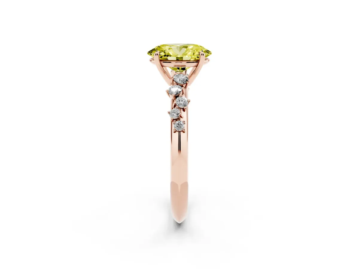 Fancy Yellow Oval Cut Diamond Cluster Side Stone Solitaire Ring with Prong Setting Rose gold