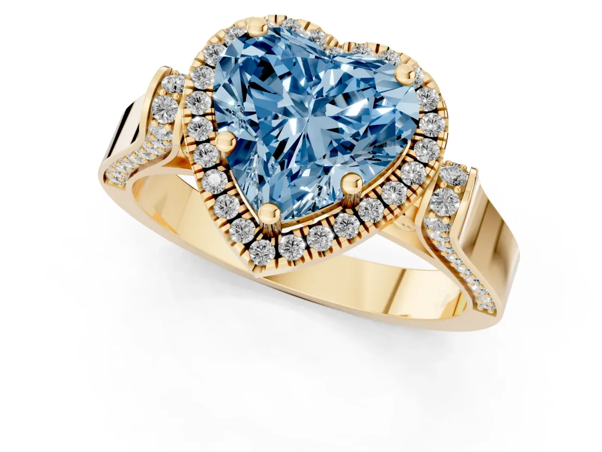 Fancy Blue Heart Cut Halo Round Diamond Twist Band with Four-Prong Setting Yellow gold