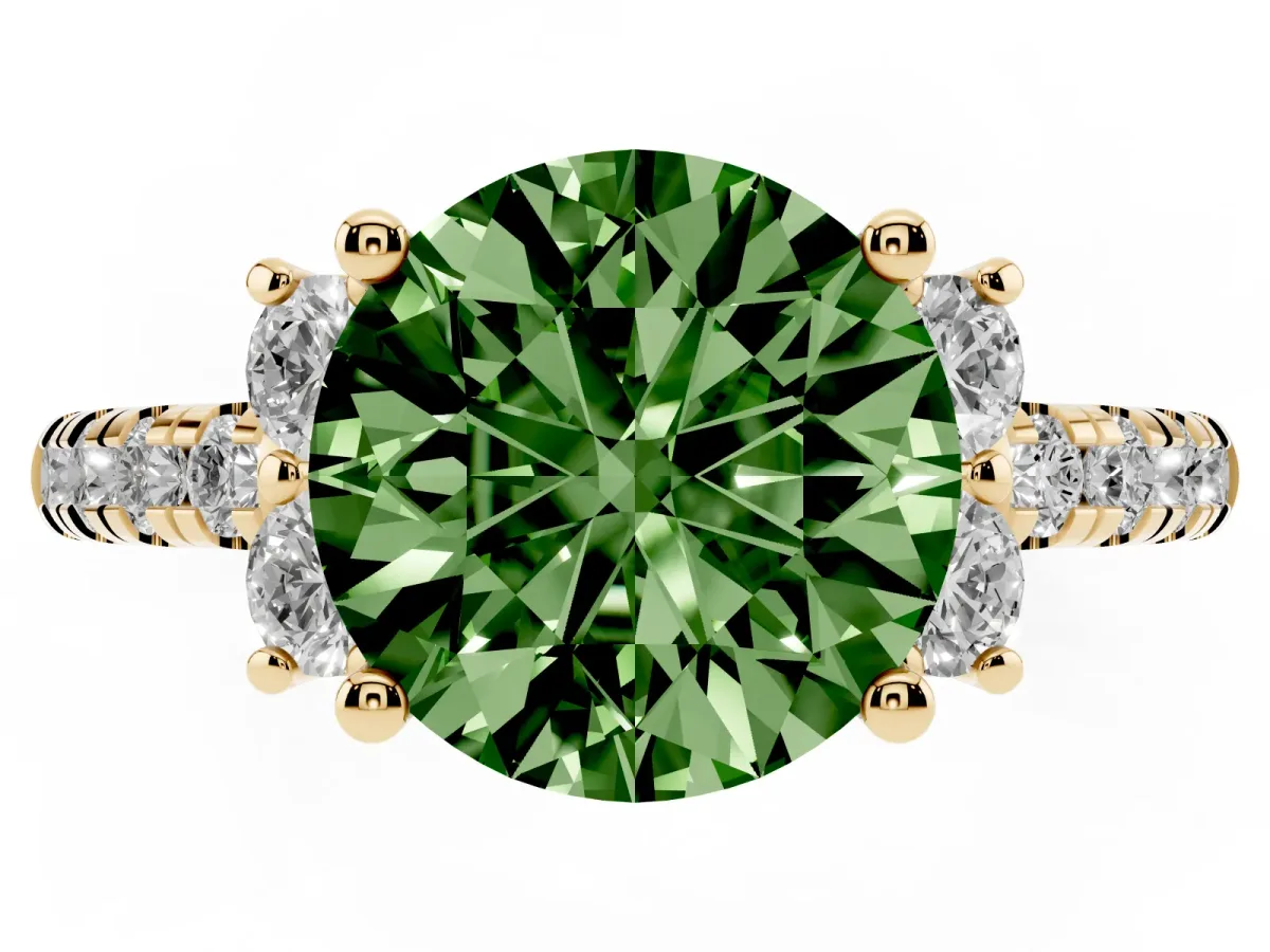 Fancy Green Round Cut Diamond Three-Stone Pave Band with Four-Prong Setting Yellow gold