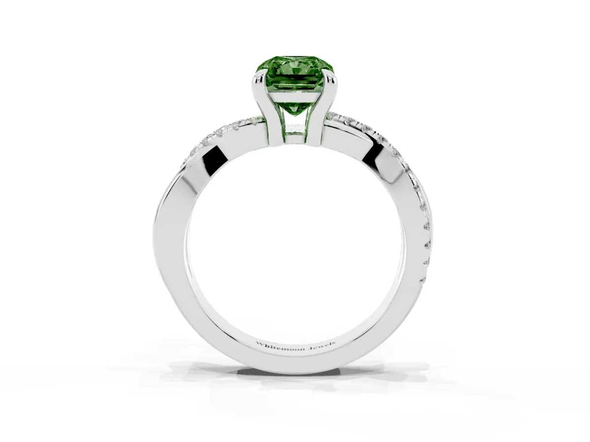 Fancy Green Radiant Cut Cut Diamond Twist Band Solitaire with Prong Setting Silver