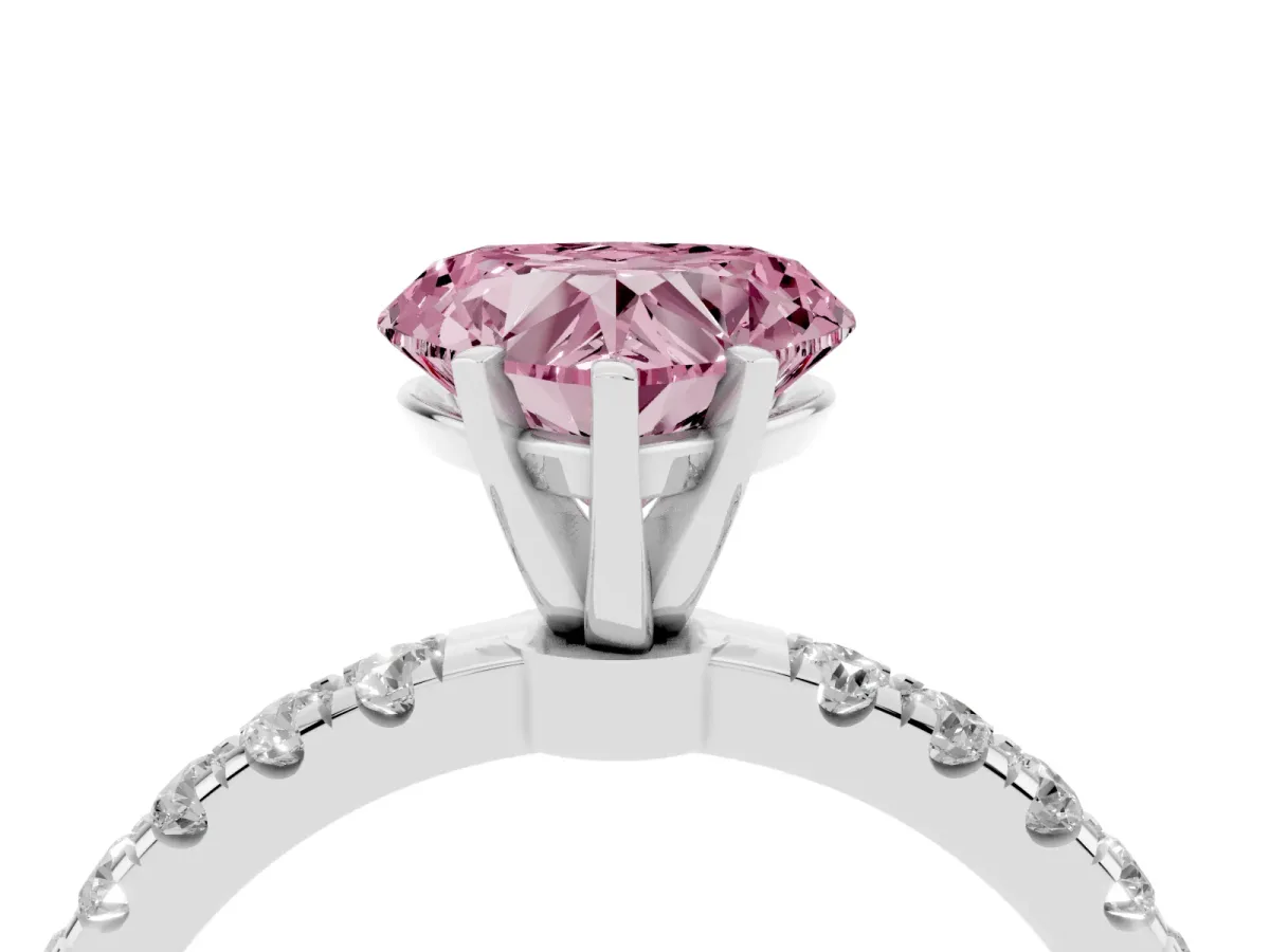Fancy Pink Heart Cut Diamond Solitaire Ring with Pavé Accents and Four-Prong Setting Platinum